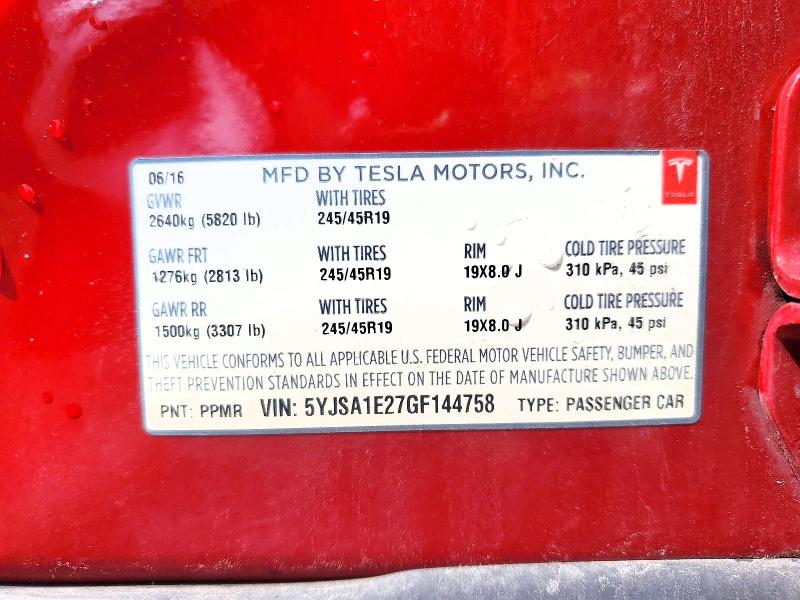 2016 Tesla Model S მანქანა იყიდება აუქციონზე, vin: 5YJSA1E27GF144758, აუქციონის ნომერი: 50630766