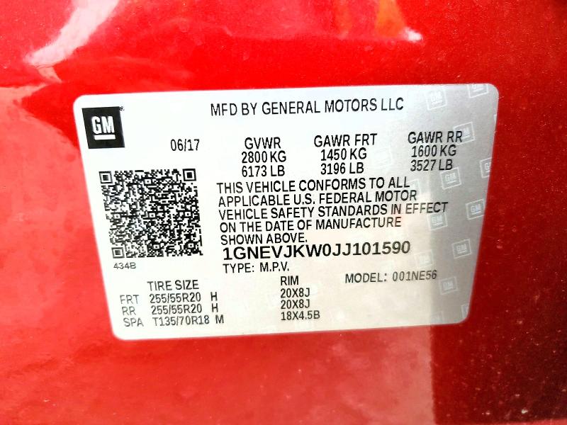 48416096 :رقم المزاد ، 1GNEVJKW0JJ101590 vin ، 2018 Chevrolet Traverse مزاد بيع
