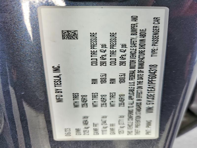 46942696 :رقم المزاد ، 5YJ3E1EA1PF604318 vin ، 2023 Tesla Model 3 مزاد بيع