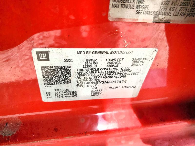 2021 Gmc Sierra მანქანა იყიდება აუქციონზე, vin: 1GT49NEY3MF237474, აუქციონის ნომერი: 48455046