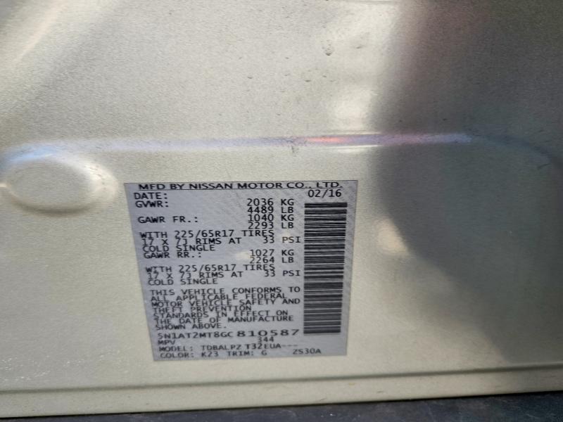 50572576 :رقم المزاد ، 5N1AT2MT8GC810587 vin ، 2016 Nissan Rogue مزاد بيع