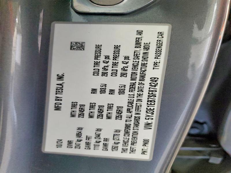 2025 Tesla Model 3 მანქანა იყიდება აუქციონზე, vin: 5YJ3E1EB7SF874249, აუქციონის ნომერი: 52009846