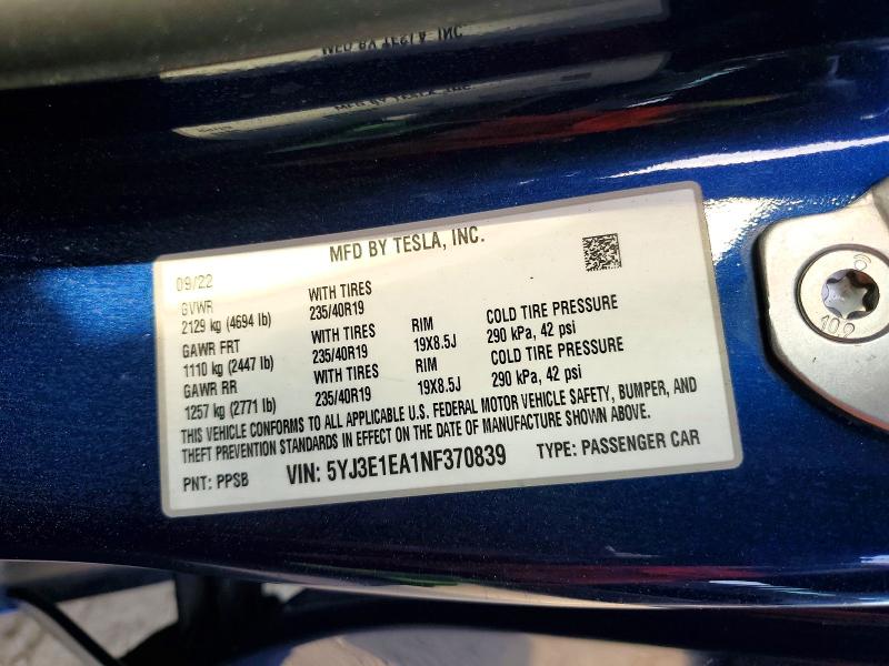 Aukcja sprzedaży 2022 Tesla Model 3, vin: 5YJ3E1EA1NF370839, numer aukcji: 48874186