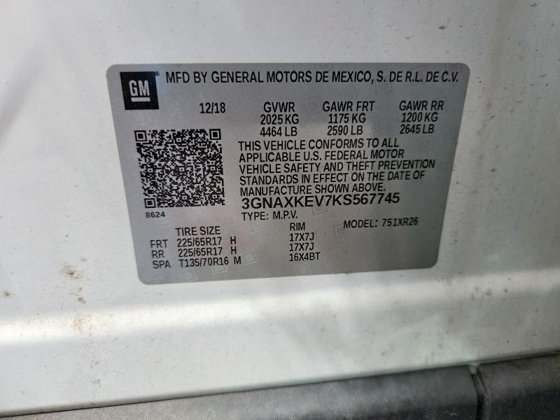 Aukcja sprzedaży 2019 Chevrolet Equinox, vin: 3GNAXKEV7KS567745, numer aukcji: 48660786