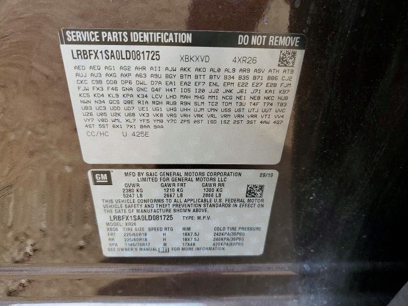 2020 Buick Envision მანქანა იყიდება აუქციონზე, vin: LRBFX1SA0LD081725, აუქციონის ნომერი: 49838446