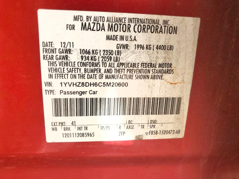 Aukcja sprzedaży 2012 Mazda 6, vin: 1YVHZ8DH6C5M20600, numer aukcji: 52083196