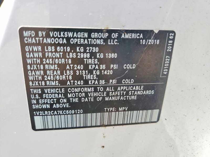 50897786 :رقم المزاد ، 1V2LR2CA7KC509120 vin ، 2019 Volkswagen Atlas مزاد بيع