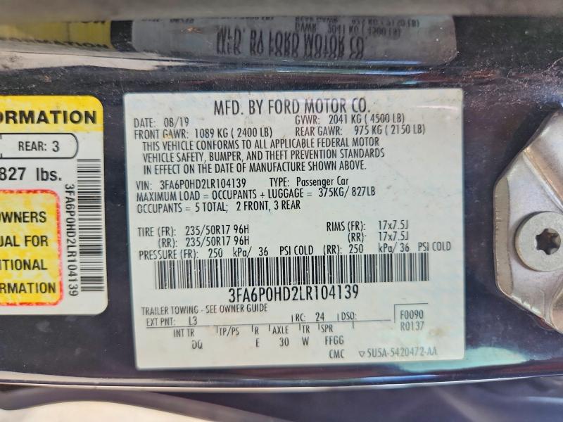 Продаж на аукціоні авто 2020 Ford Fusion, vin: 3FA6P0HD2LR104139, номер лоту: 49130936