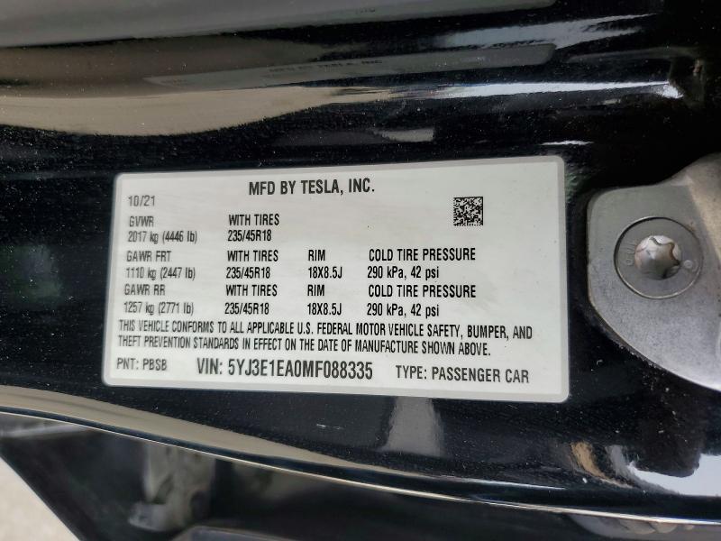 Aukcja sprzedaży 2021 Tesla Model 3, vin: 5YJ3E1EA0MF088335, numer aukcji: 50221456
