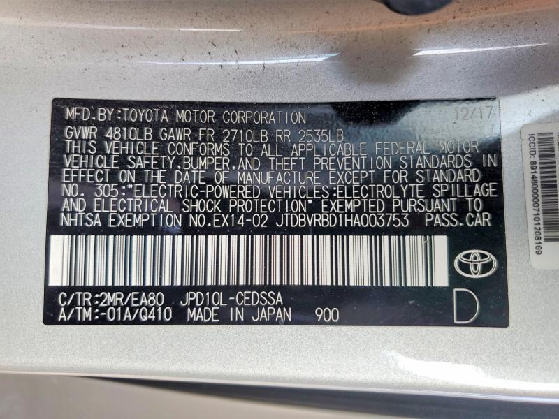 Продаж на аукціоні авто 2017 Toyota Mirai, vin: JTDBVRBD1HA003753, номер лоту: 48844366