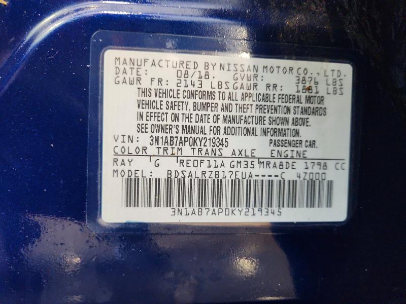 50084076 :رقم المزاد ، 3N1AB7AP0KY219345 vin ، 2019 Nissan Sentra مزاد بيع