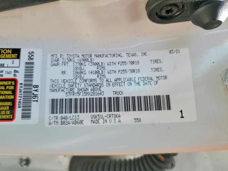 51625976 :رقم المزاد ، 5TFRY5F15MX281643 vin ، 2021 Toyota Tundra مزاد بيع