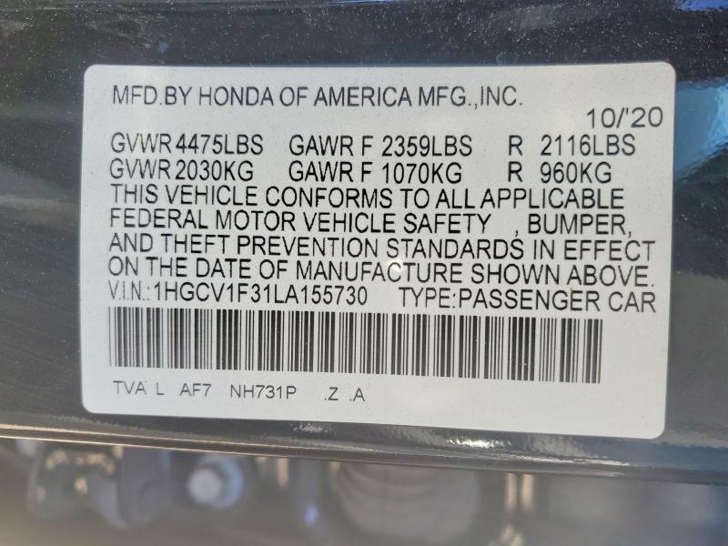 48845916 :رقم المزاد ، 1HGCV1F31LA155730 vin ، 2020 Honda Accord مزاد بيع