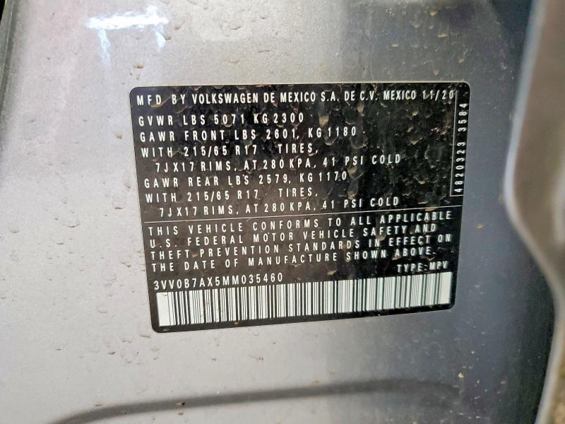 Продаж на аукціоні авто 2021 Volkswagen Tiguan, vin: 3VV0B7AX5MM035460, номер лоту: 50035966