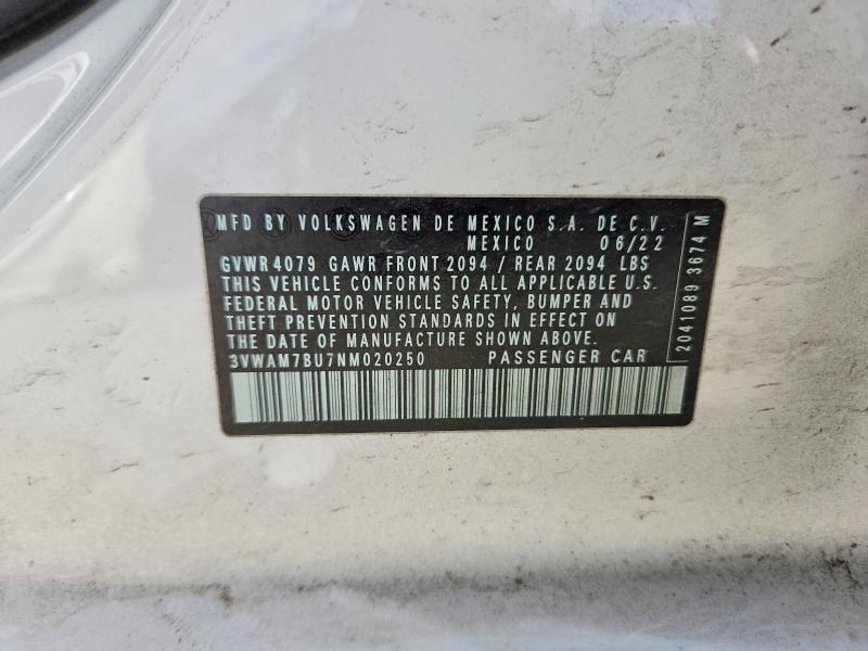 2022 Volkswagen Jetta მანქანა იყიდება აუქციონზე, vin: 3VWAM7BU7NM020250, აუქციონის ნომერი: 50066356