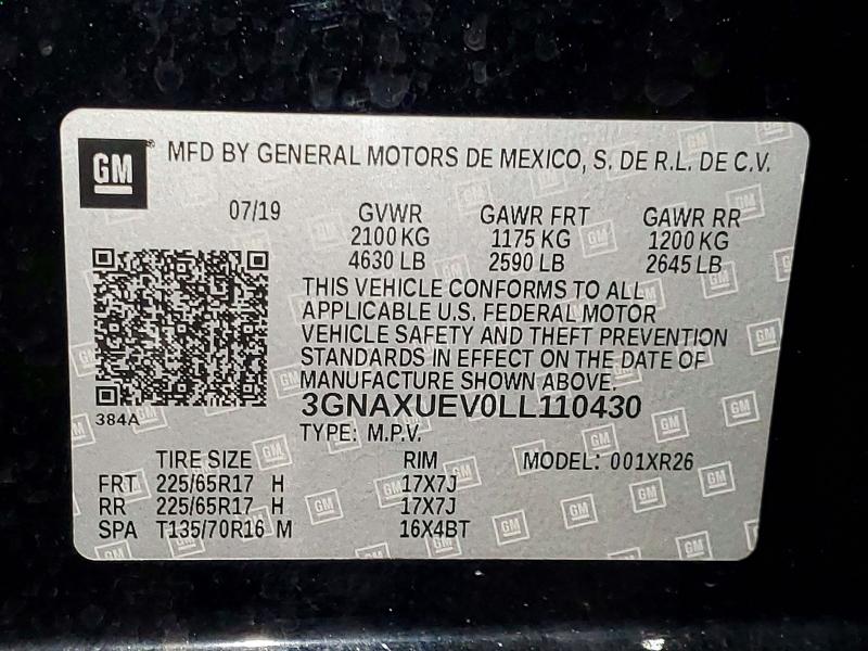 51185066 :رقم المزاد ، 3GNAXUEV0LL110430 vin ، 2020 Chevrolet Equinox مزاد بيع