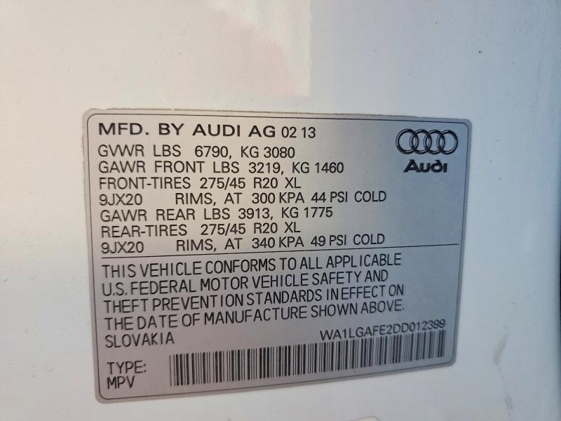 2013 Audi Q7 მანქანა იყიდება აუქციონზე, vin: WA1LGAFE2DD012399, აუქციონის ნომერი: 50824626