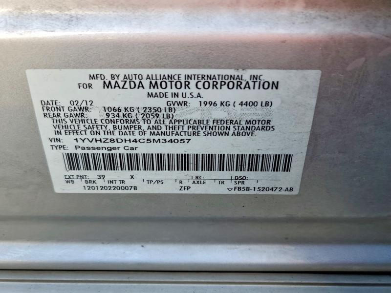 2012 Mazda 6 მანქანა იყიდება აუქციონზე, vin: 1YVHZ8DH4C5M34057, აუქციონის ნომერი: 49078286