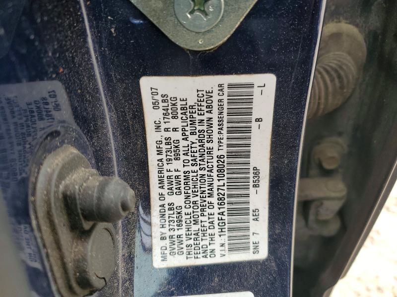 Aukcja sprzedaży 2007 Honda Civic, vin: 1HGFA16827L108026, numer aukcji: 49734576
