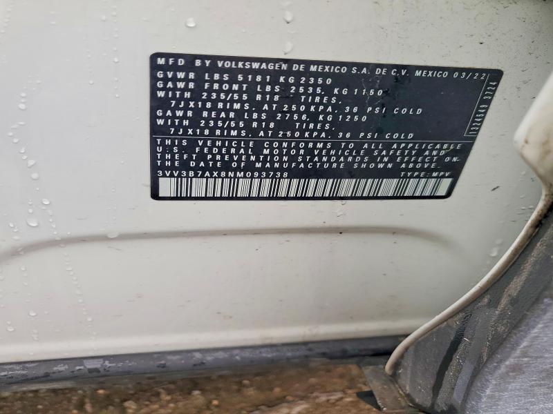 Aukcja sprzedaży 2022 Volkswagen Tiguan, vin: 3VV3B7AX8NM093738, numer aukcji: 51429336