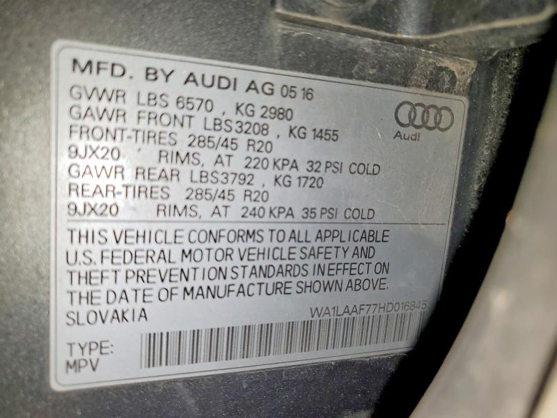2017 Audi Q7 მანქანა იყიდება აუქციონზე, vin: WA1LAAF77HD016845, აუქციონის ნომერი: 51417546
