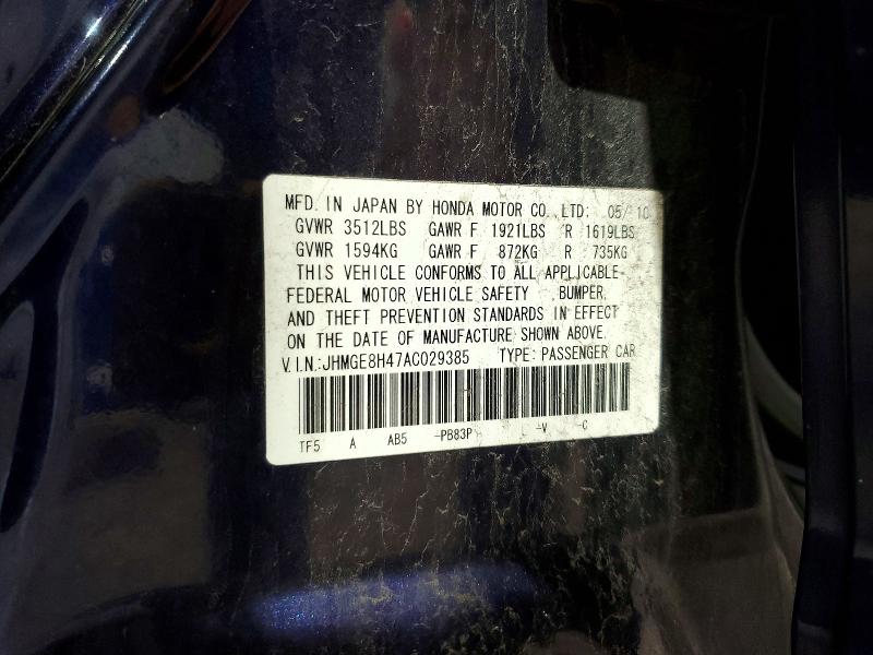 Aukcja sprzedaży 2010 Honda Fit, vin: JHMGE8H47AC029385, numer aukcji: 48648026