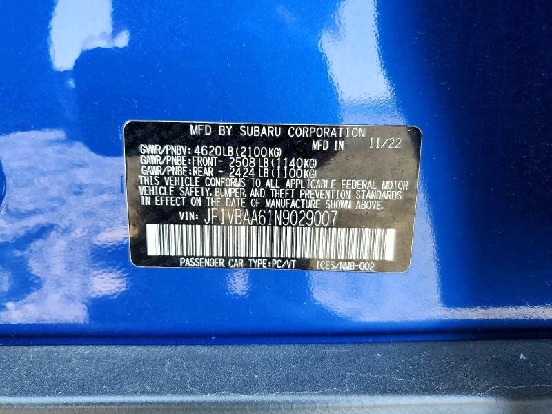 Aukcja sprzedaży 2022 Subaru Wrx, vin: JF1VBAA61N9029007, numer aukcji: 51354306