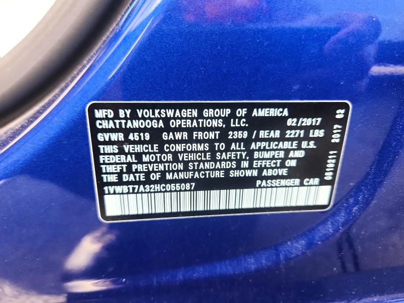 2017 Volkswagen Passat მანქანა იყიდება აუქციონზე, vin: 1VWBT7A32HC055087, აუქციონის ნომერი: 49225406