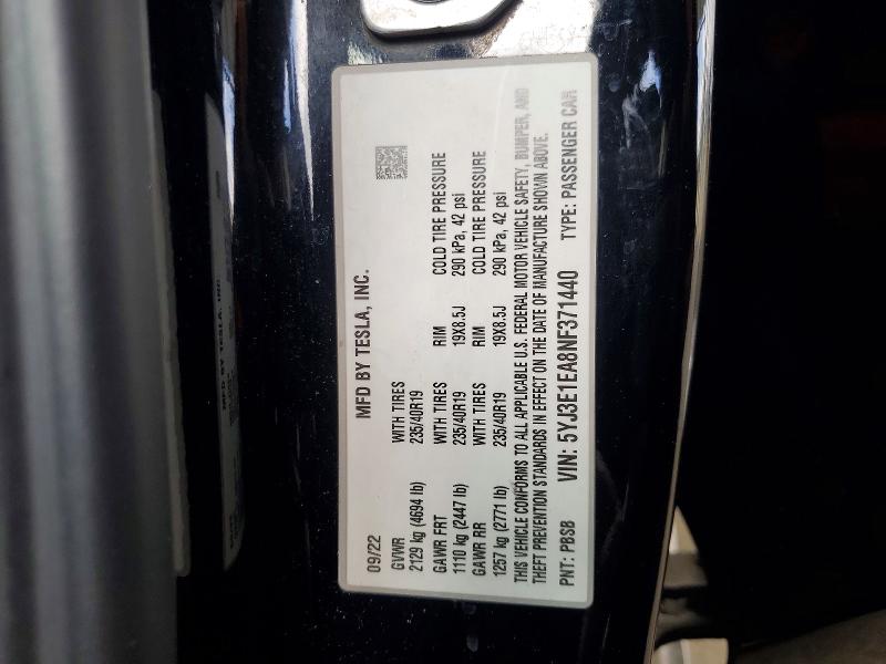 Aukcja sprzedaży 2022 Tesla Model 3, vin: 5YJ3E1EA8NF371440, numer aukcji: 48338426