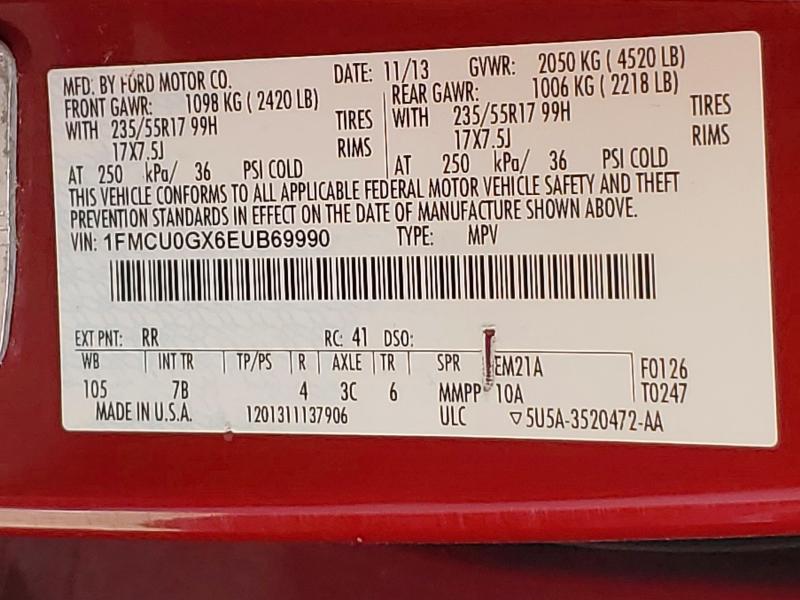 49368976 :رقم المزاد ، 1FMCU0GX6EUB69990 vin ، 2014 Ford Escape مزاد بيع