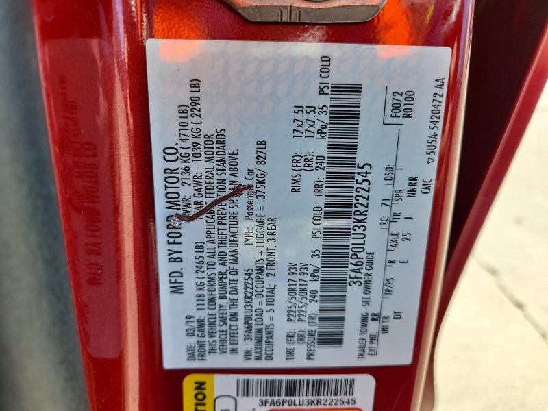 2019 Ford Fusion მანქანა იყიდება აუქციონზე, vin: 3FA6P0LU3KR222545, აუქციონის ნომერი: 49906706