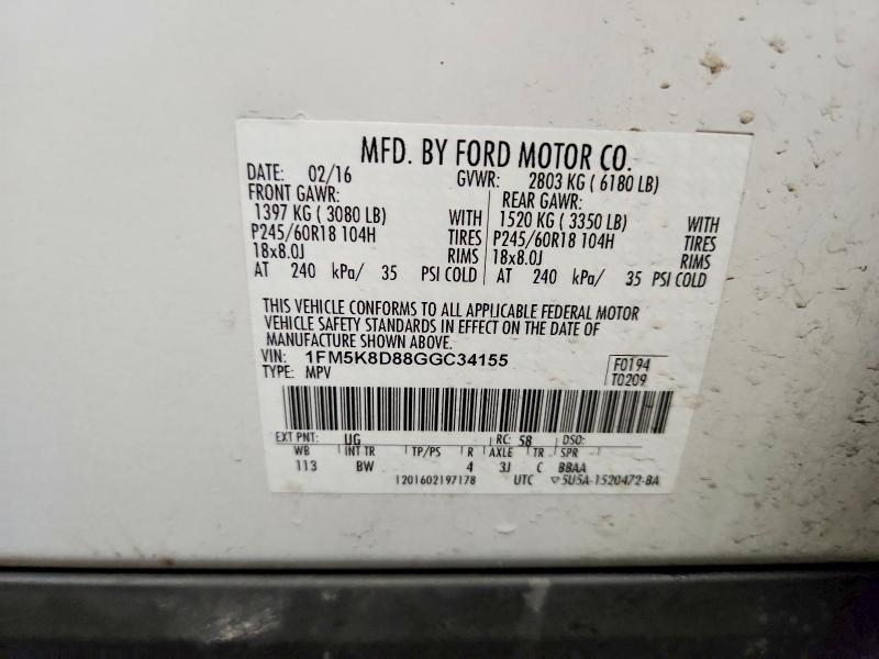 51376066 :رقم المزاد ، 1FM5K8D88GGC34155 vin ، 2016 Ford Explorer مزاد بيع
