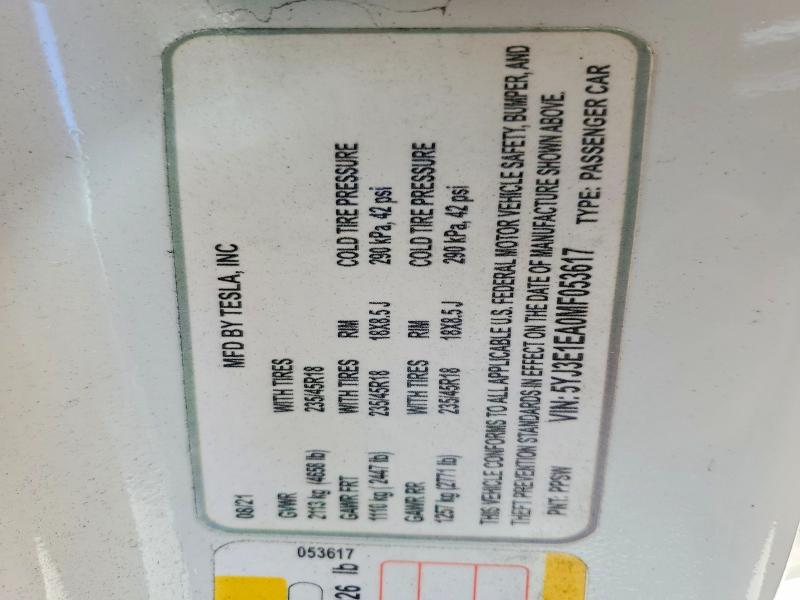 50805476 :رقم المزاد ، 5YJ3E1EA0MF053617 vin ، 2021 Tesla Model 3 مزاد بيع