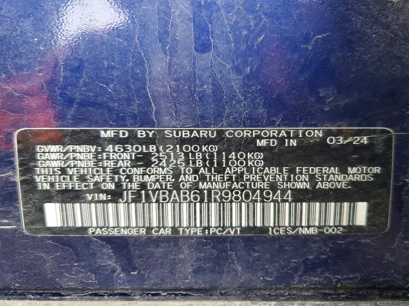 Продаж на аукціоні авто 2024 Subaru Wrx, vin: JF1VBAB61R9804944, номер лоту: 50909406