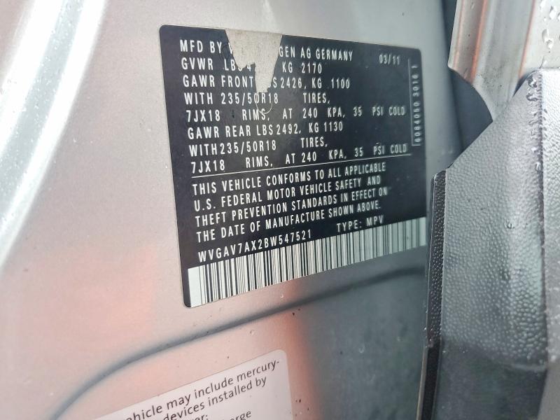50950666 :رقم المزاد ، WVGAV7AX2BW547521 vin ، 2011 Volkswagen Tiguan مزاد بيع