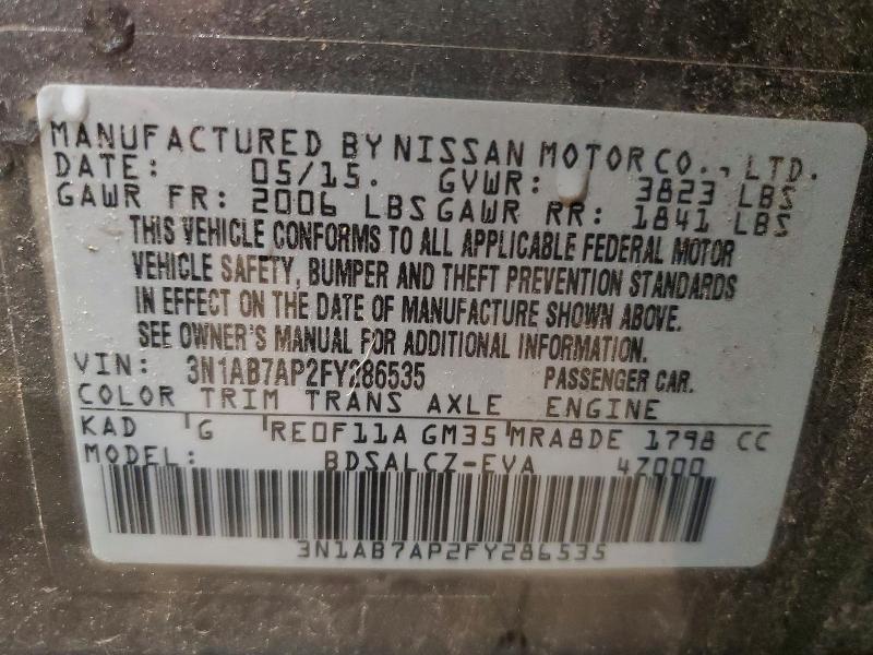 2015 Nissan Sentra მანქანა იყიდება აუქციონზე, vin: 3N1AB7AP2FY286535, აუქციონის ნომერი: 50895456