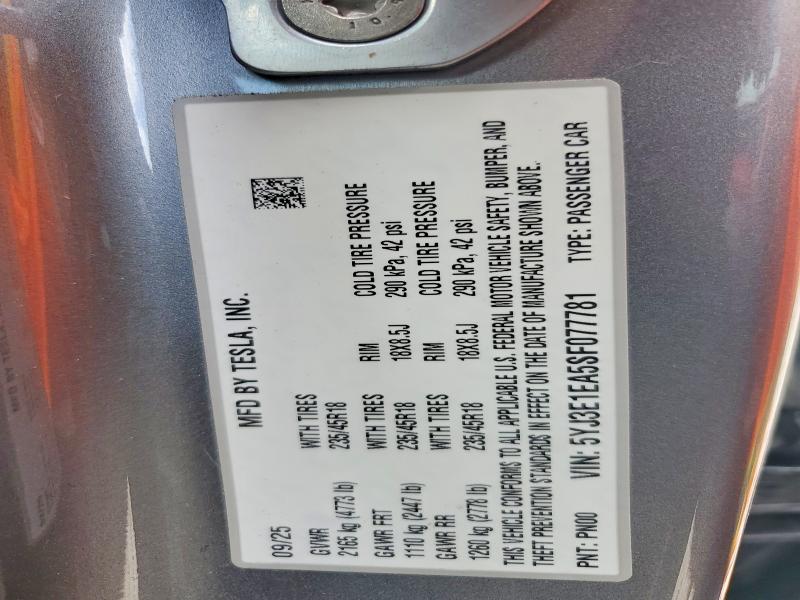 Auction sale of the 2025 Tesla Model 3, vin: 5YJ3E1EA5SF077781, lot number: 49702836