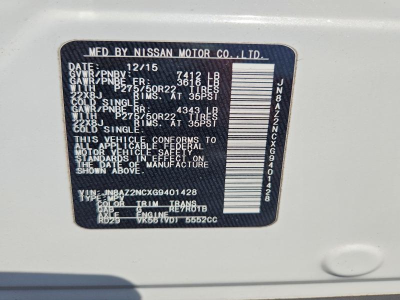 50371496 :رقم المزاد ، JN8AZ2NCXG9401428 vin ، 2016 Infiniti Qx80 مزاد بيع