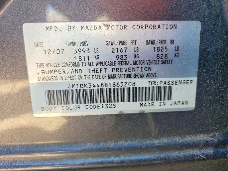 2008 Mazda 3 მანქანა იყიდება აუქციონზე, vin: JM1BK344881865208, აუქციონის ნომერი: 50459176