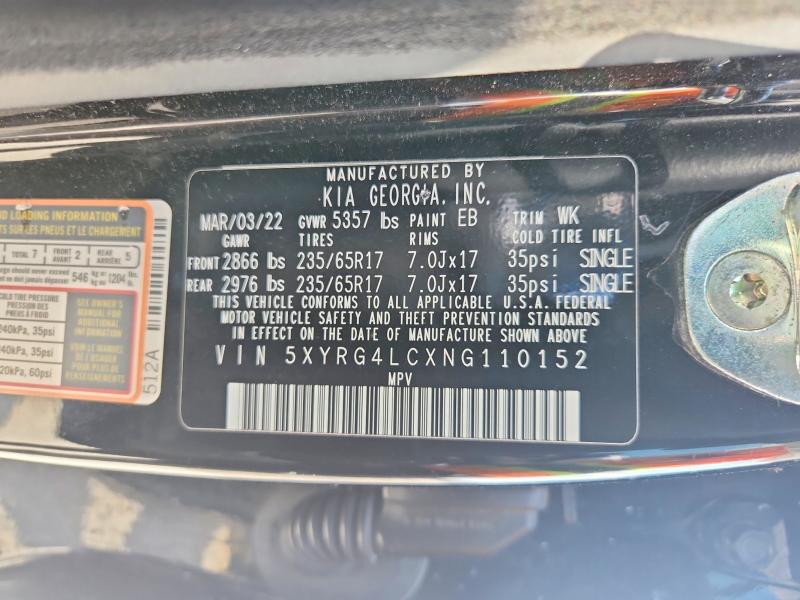 2022 Kia Sorento მანქანა იყიდება აუქციონზე, vin: 5XYRG4LCXNG110152, აუქციონის ნომერი: 51537656