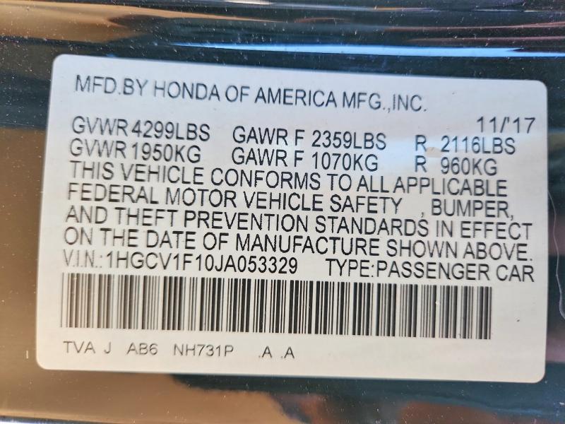 49753246 :رقم المزاد ، 1HGCV1F10JA053329 vin ، 2018 Honda Accord مزاد بيع