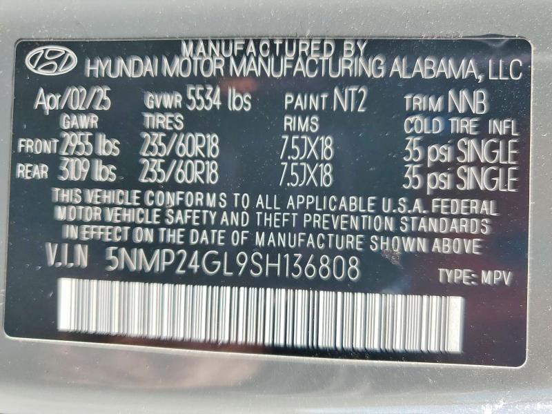 50005496 :رقم المزاد ، 5NMP24GL9SH136808 vin ، 2025 Hyundai Santa Fe مزاد بيع
