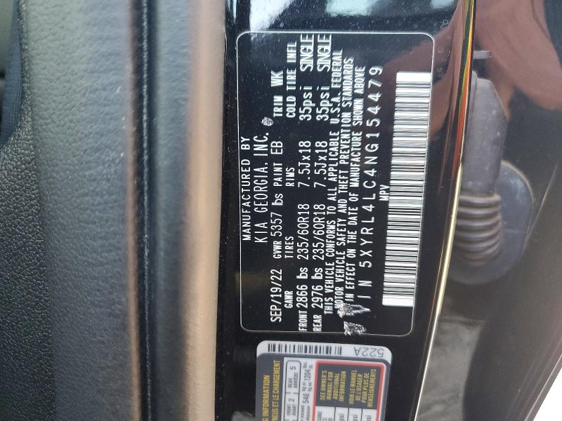 49886016 :رقم المزاد ، 5XYRL4LC4NG154479 vin ، 2022 Kia Sorento مزاد بيع