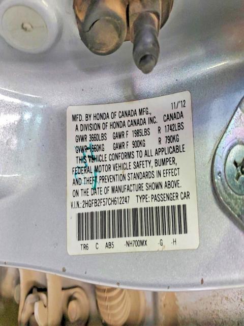 Продаж на аукціоні авто 2012 Honda Civic, vin: 2HGFB2F57CH612247, номер лоту: 49416536