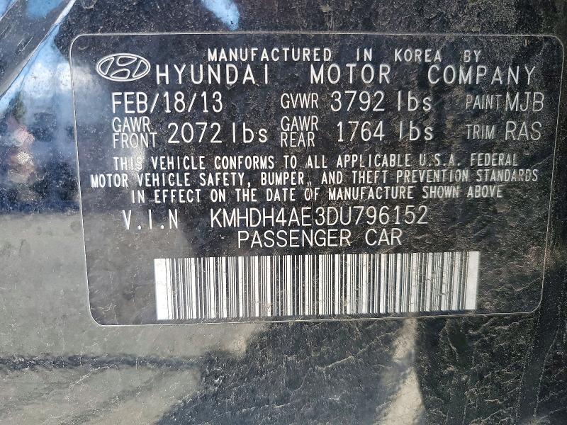 48897336 :رقم المزاد ، KMHDH4AE3DU796152 vin ، 2013 Hyundai Elantra مزاد بيع