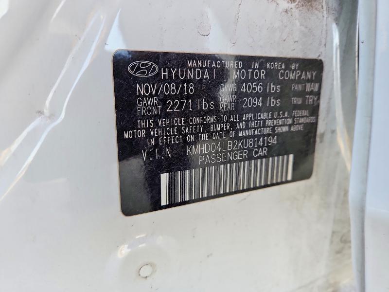 2019 Hyundai Elantra მანქანა იყიდება აუქციონზე, vin: KMHD04LB2KU814194, აუქციონის ნომერი: 49673806
