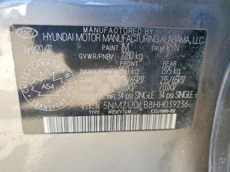 2017 Hyundai Santa Fe Sport მანქანა იყიდება აუქციონზე, vin: 5NMZUDLB8HH039236, აუქციონის ნომერი: 50785096
