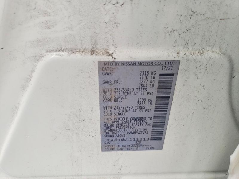 2022 Nissan Murano მანქანა იყიდება აუქციონზე, vin: 5N1AZ2DJ8NC111213, აუქციონის ნომერი: 51442956