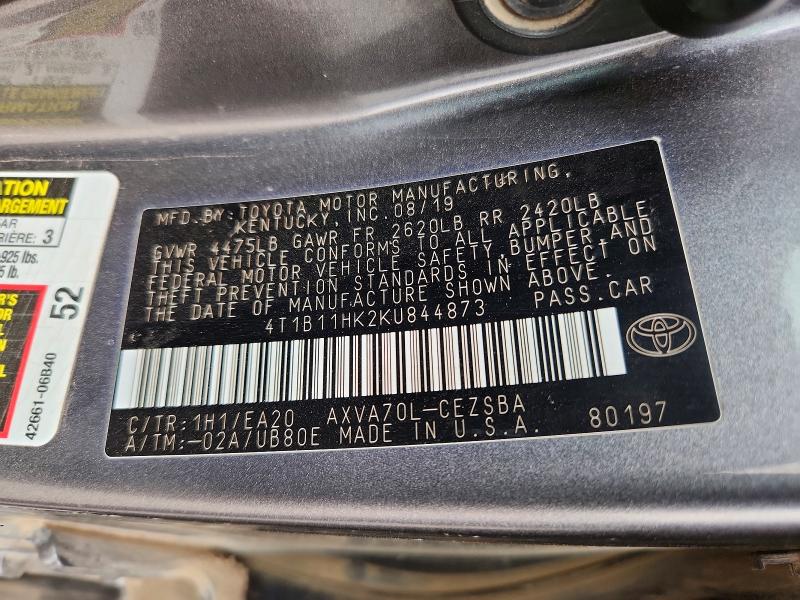 2019 Toyota Camry მანქანა იყიდება აუქციონზე, vin: 4T1B11HK2KU844873, აუქციონის ნომერი: 49727866