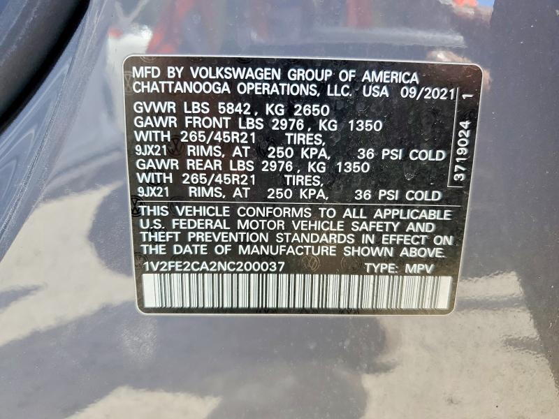 2022 Volkswagen Atlas Cross Sport მანქანა იყიდება აუქციონზე, vin: 1V2FE2CA2NC200037, აუქციონის ნომერი: 49783906